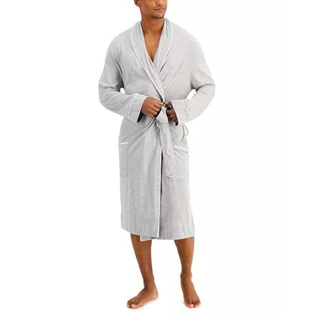 Club Room Mens Tipped Robe Knit Cotton Modal Lounge Sleepwear Grey One Size NEW